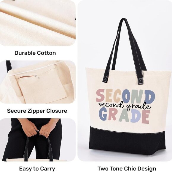 Cotton Canvas Tote Bag Unisex School Second Grade Teacher Gift Large - Picture 3 of 6